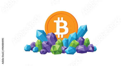 A large orange bitcoin coin stands behind a pile of blue, green, and purple faceted crystals on a white background.