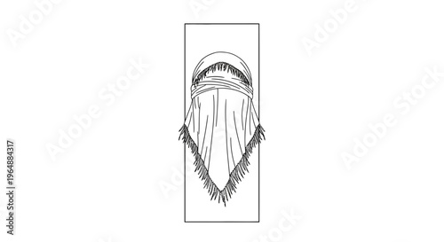 minimalist line art illustration of a traditional draped head covering with fringed edges on a
