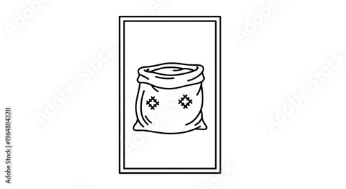 Minimalist line art icon of a rustic open burlap sack with stitched patches for supply concepts