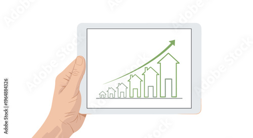 A hand holds a white tablet displaying a green line graph of increasing house sizes on its screen against a white background.