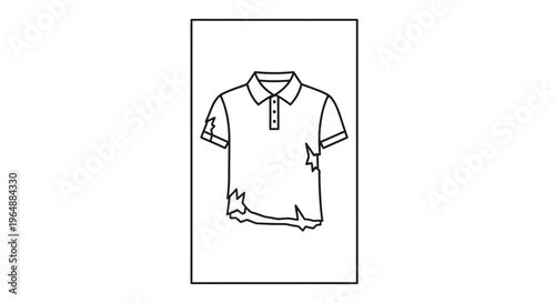 A simple black and white line art illustration of a worn-out polo shirt with tears and ripped