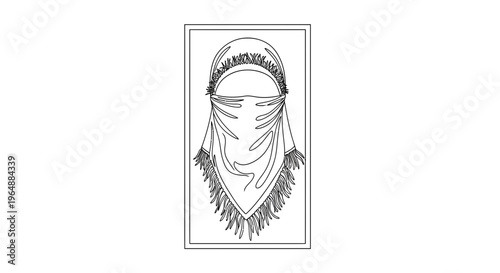 Stylized monoline vector drawing featuring a draped head covering with intricate fringe detailing