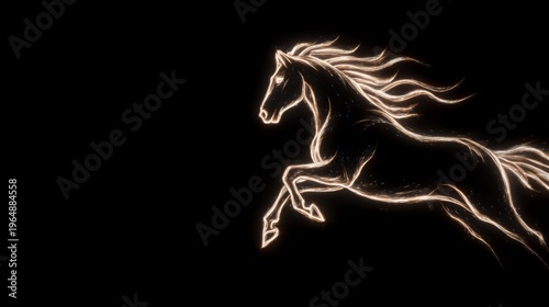 Stylized digital illustration of a radiant horse mid-leap, drawn with fine light trails over deep black, creating a powerful symbol of agility, ambition and success.