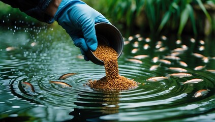 Hand in blue glove feeding goldfish in pond with brown pellets, realistic aquatic scene with ripples and lush greenery background, serene and natural setting.
