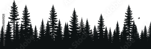 Black forest tree silhouettes panoramic vector illustration isolated on white background, evergreen pine and spruce wood landscape for nature banners and wilderness design