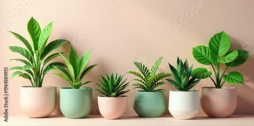 A serene arrangement of potted plants, showcasing vibrant green foliage in pastel-colored containers, adds a touch of nature's elegance to any interior space.