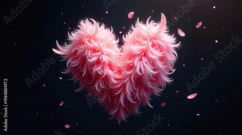 A whimsical pink heart-shaped fluffy cloud drifts against a dark background, with delicate petals falling gracefully around it.