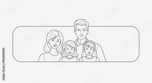 Modern minimalist line art family illustration: parents and two daughters smiling warmly together