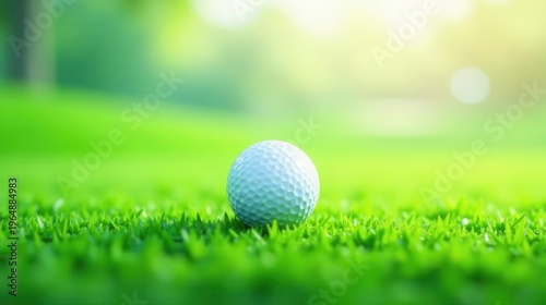 A single golf ball rests on a vibrant green putting green, bathed in the warm glow of morning sunlight, a serene and idyllic scene of outdoor leisure