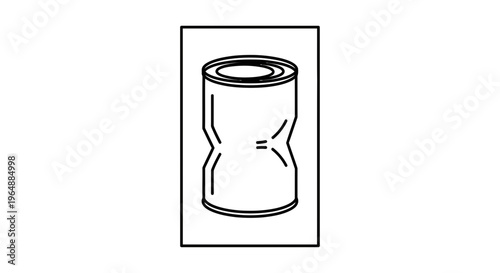 Minimalist vector line art illustration of a centrally crushed metal can representing waste or