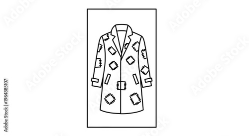 Minimalist line art illustration of a well-worn overcoat with numerous sewn-on repair patches
