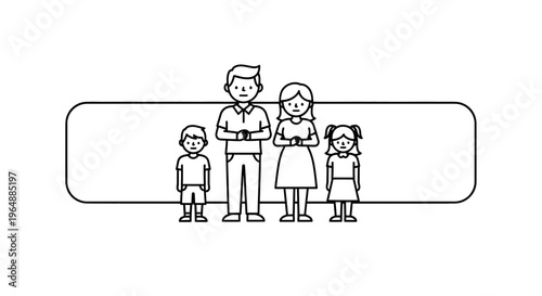 Minimalist line art illustration portraying a cheerful nuclear family unit standing together
