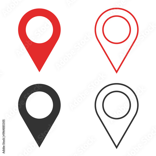 Location Pin Icon Set – Red and Black Map Marker Symbols in Flat and Outline Styles