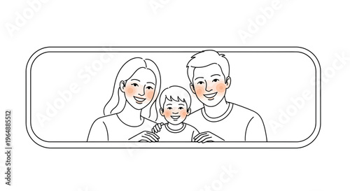 Joyful modern family line art illustration featuring parents and child radiating happiness and