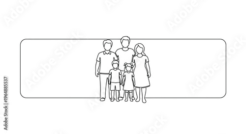 Minimalist continuous line drawing depicting a happy diverse family group standing beside a blank