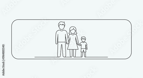 Simple line art illustration portraying a nuclear family unit standing together hand in hand