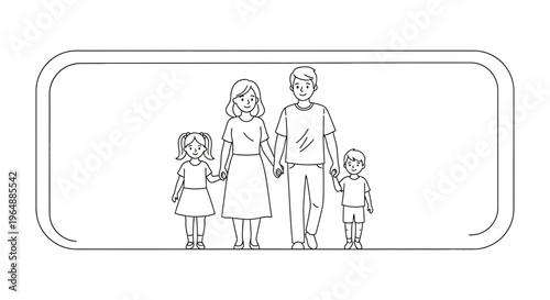 Minimalist black and white outline illustration of a nuclear family happily walking together
