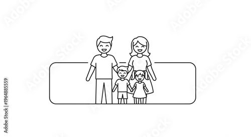 Cheerful modern family portrait with father, mother, son, and daughter in simple line art