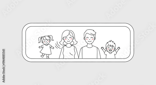 Minimalist line illustration of a cheerful nuclear family featuring happy parents and two smiling