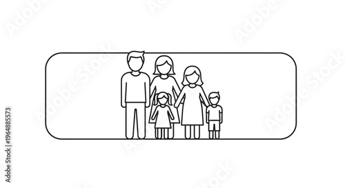 Outline illustration of a happy family unit with three children, symbolizing togetherness and