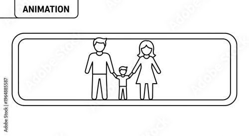 Minimalist line art illustration portraying a nuclear family unit with parents and child holding