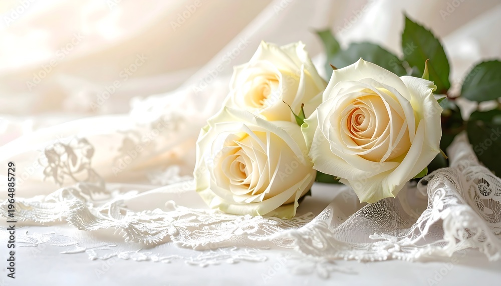 Obraz premium Three ivory roses resting atop delicate lace fabric, softly lit, creating a serene and elegant composition