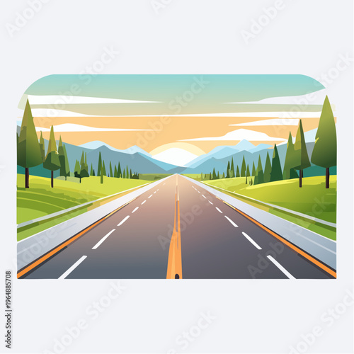 Scenic highway leading to mountains under a bright sunset sky with lush trees