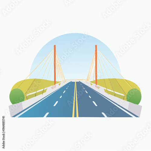 Modern Cable-Stayed Bridge and Open Highway with Green Landscape Under Clear Sky Illustration