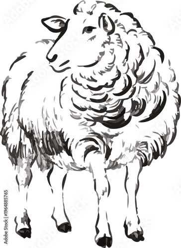 2027 Year of the Sheep Japanese ink wash painting (Sumi-e) illustration.