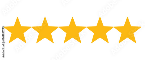 Five star rating full gold row, customer review feedback icon, quality evaluation scale, ranking system design