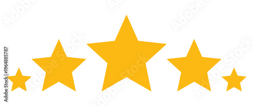 Five star rating filled set, golden stars review icon, customer feedback quality scale, ranking evaluation symbol