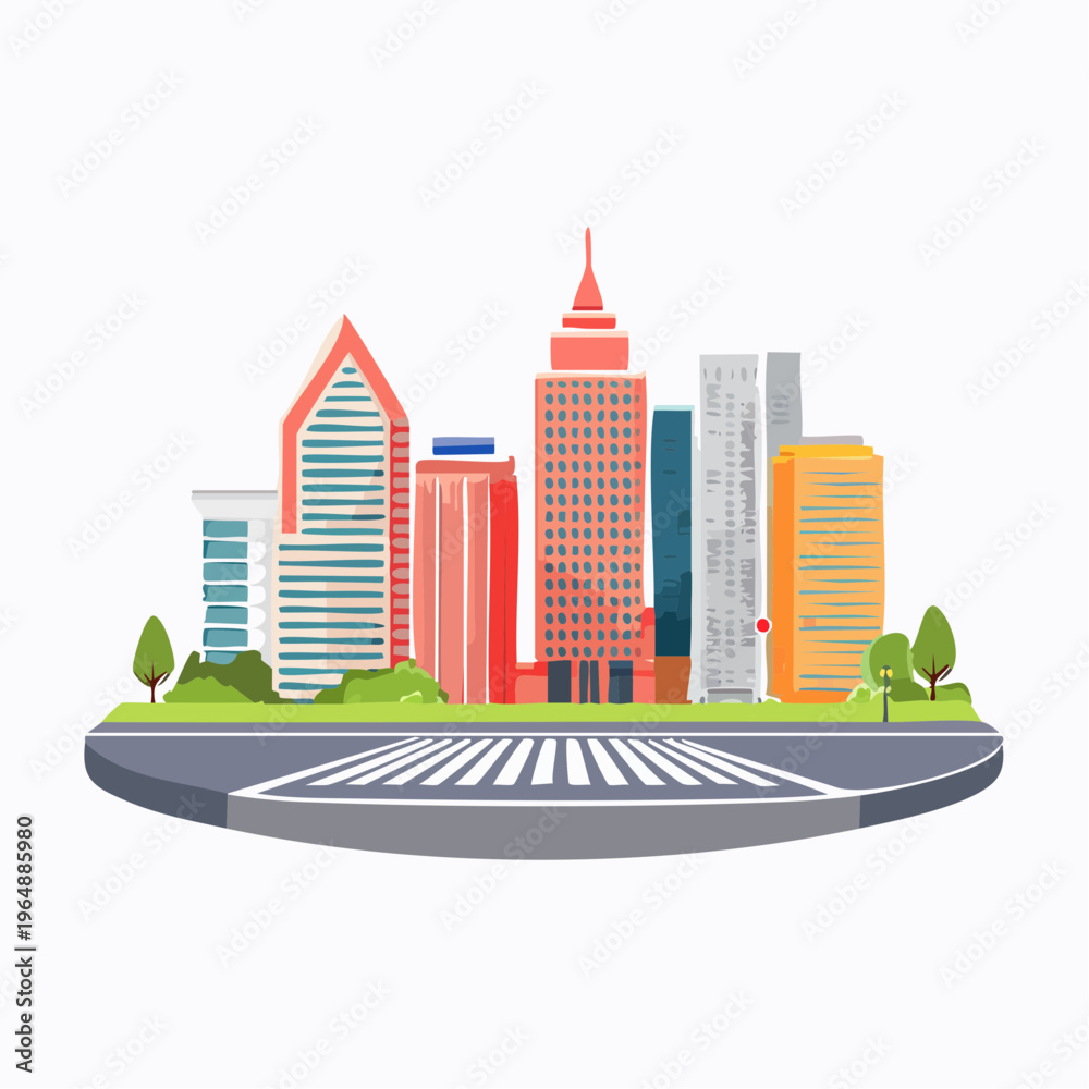 Fototapeta premium Vibrant city skyline illustration with modern skyscrapers and urban landscape