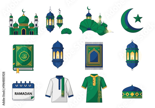 Ramadan and Eid Mubarak Islamic Icon Set featuring Mosque, Holy Quran, Lanterns, Crescent Moon, and Traditional Muslim Clothing in a Clean Flat Vector Style