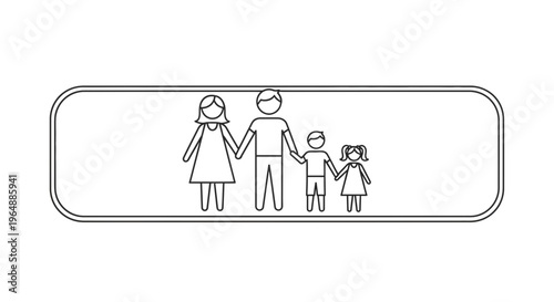 Minimalist stick figure family icon with parents and two children holding hands in an outline frame