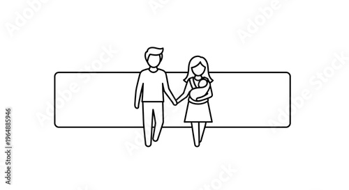 A heartwarming minimalist line art illustration depicting a loving family strolling together with