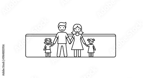 Stylized stick figure family portrait showing happy parents and children holding hands together