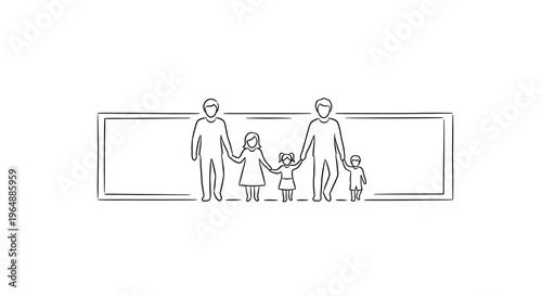 Minimalist hand-drawn family portrait with two adults and three children holding hands within a