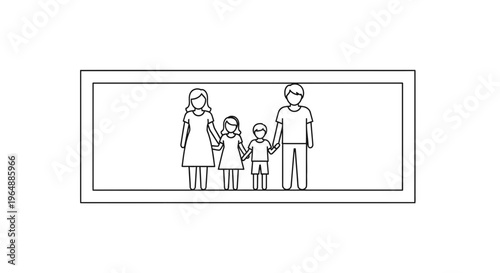 Minimalist line art illustration of a loving nuclear family holding hands together within a