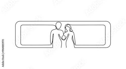Continuous line art depicting a loving family unit mother father and child inside minimalist