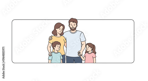 A joyous illustrative family portrait showcasing parents and their two happy children standing