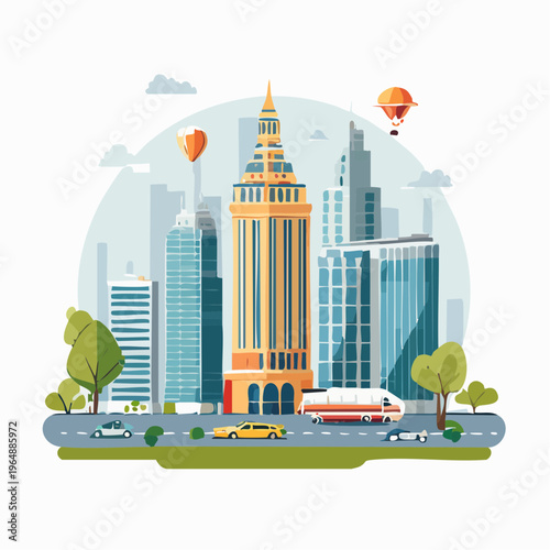 Vibrant Urban Metropolis Landscape with Modern Architecture and Daily Commute Activity Illustration