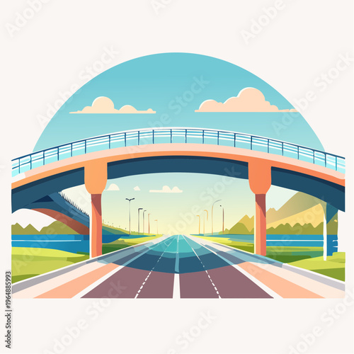 Expansive highway passing under a modern overpass bridge in a serene landscape with renewable energy