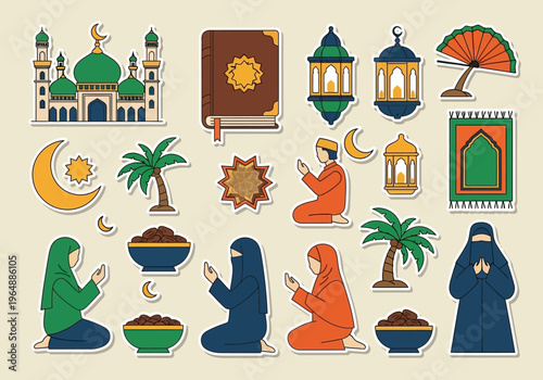 Islamic Ramadan Sticker Set with Mosque, Lanterns, Quran, and People Praying in Flat Vector Style