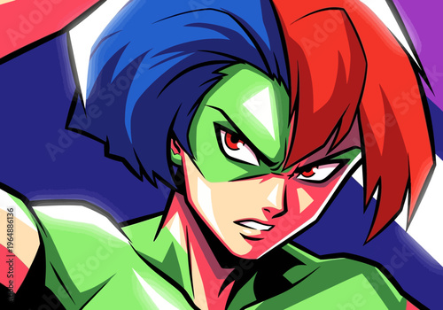 Vibrant Anime Girl Superhero Illustration with Green Mask and Dual Colored Hair, Powerful Manga Character Design in High Contrast Cell Shaded Style