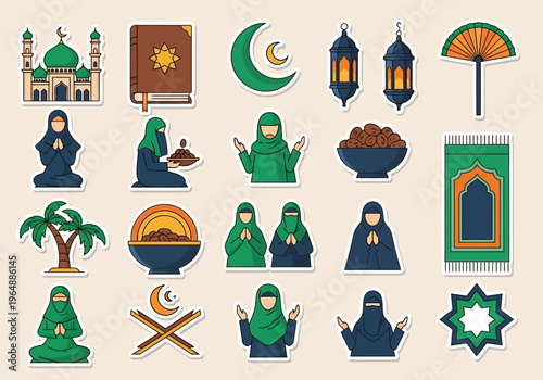 Islamic Ramadan Sticker Set with Mosque, Quran, Praying Muslim Women, Lanterns, and Dates Icons for Eid Mubarak Celebration