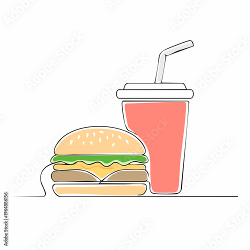 A one-line drawing of a juicy burger and a fizzy drink with a straw