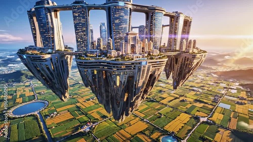 A futuristic cityscape with towering structures floats above a patchwork landscape of green and brown fields at sunrise