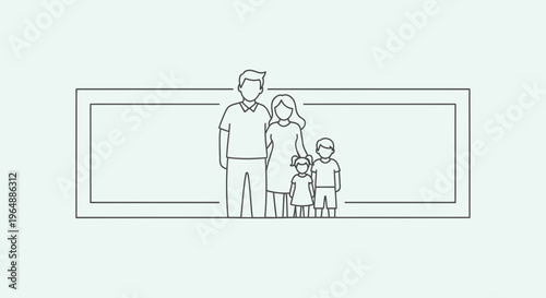 Modern Minimalist Line Art Illustration Depicting a Family with Two Children Posing for a Picture