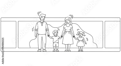 A happy family of four standing together, holding hands, depicting unity and parental guidance