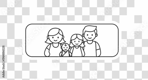 Minimalist black and white outline illustration of a joyous young family with two children